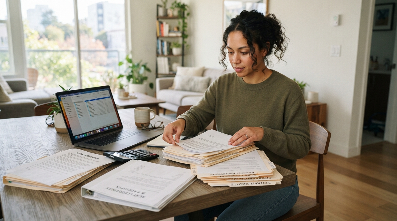 California tenant organizing rent and Social Security records for a housing dispute