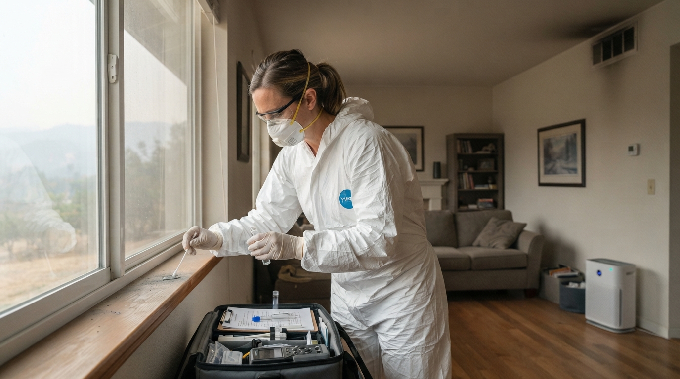 Professional smoke contamination testing inside a California home after wildfire